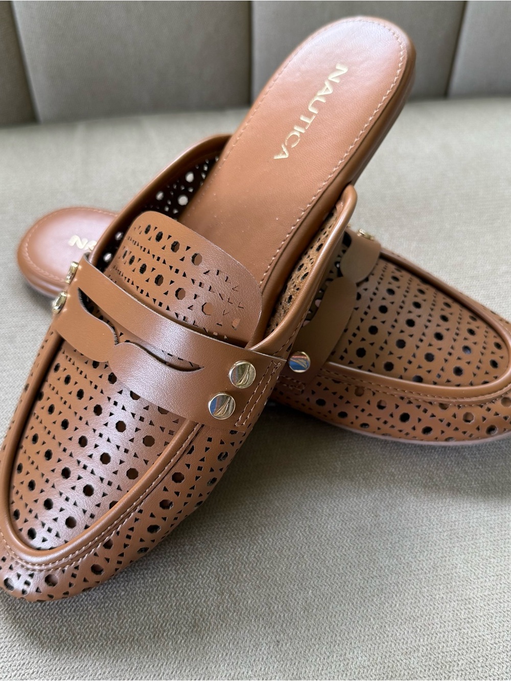 Nautica Tan Perforated Slip-On Loafers with Metallic Studs